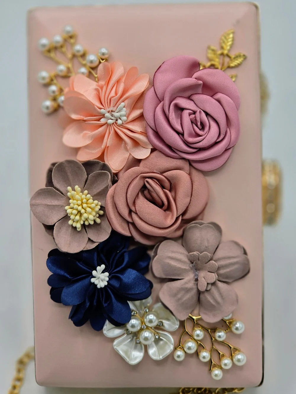 Amaze Floral 3D Embellished Box Clutch - Blush Pink & Gold